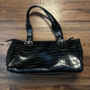 Spring Y2K Black Croc Embossed Shoulder Bag Baguette Style Purse Zip Going Out